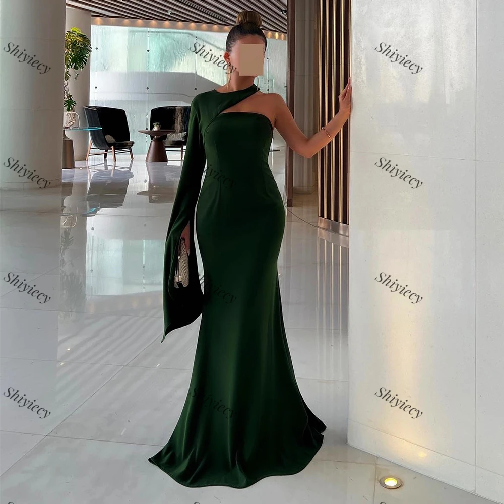 Fashion Mermaid Evening Dress Saudi Arabia Women One Shoulder Prom Dress Green Sweep Train Floor Length Special Occasions Dress