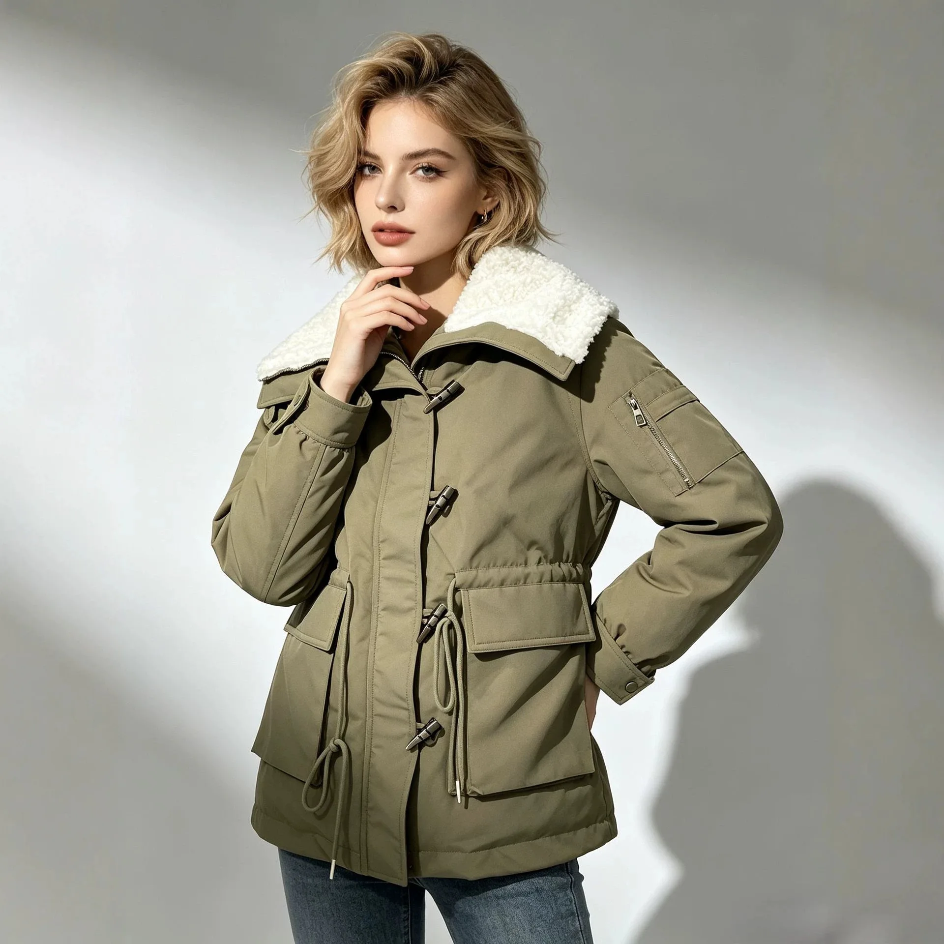 Women Medium Long Parkas Autumn Winter Button Fur Lapel Puffer Jacket Female Drawstring Waist Imitation Lamb Wool Splicing Coat