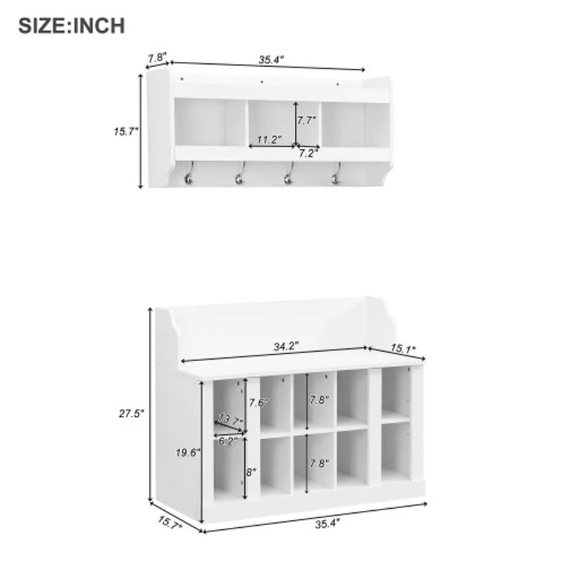 ON-TREND Schoenenopbergbank met planken en 4 haken, elegante halboom met wandgemonteerd kapstok, entree-organizer, wit