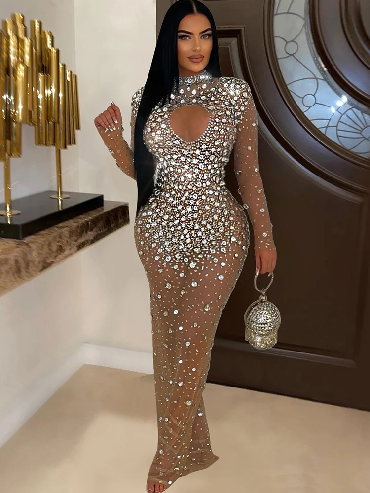 Wishyear élégant invité de mariage strass noir longue robe Maxi femmes Sexy voir à travers maille cristal robe danse anniversaire Vestido