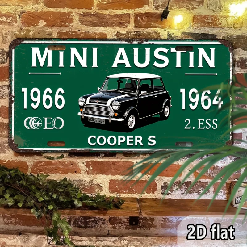 HD Aluminum Print, Vintage Mini Austin Cooper S 1964 Retro Classic Car License Plate Style Wall Art, High Definition Bend-Resist
