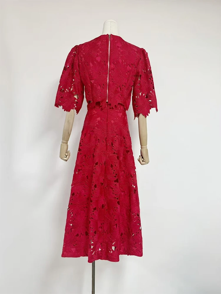 Embroidery Two Piece Set for Women O Neck Batwing Sleeve Top High Waist Hollow Out  A Line Long Skirt Suit Female ensemble femme