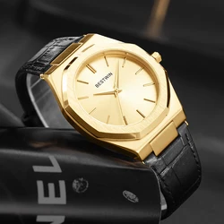 Business casual watch for men's gold PU leather strap luxury fashion waterproof men's watch simple round dial men's quartz watch