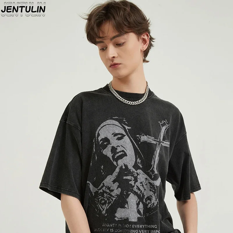 Washed Make old Cotton Tees Harajuku Girl crucifix Print Streetwear Y2K Style Mens Short Sleeved Tshirt Summer Casual Unisex Top