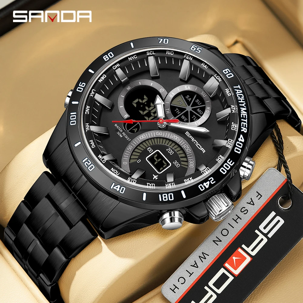 SANDA Brand Fashion Men's Electronic Quartz Watch Steel Core Black Technology Multi functional Waterproof Men's Quartz Watch