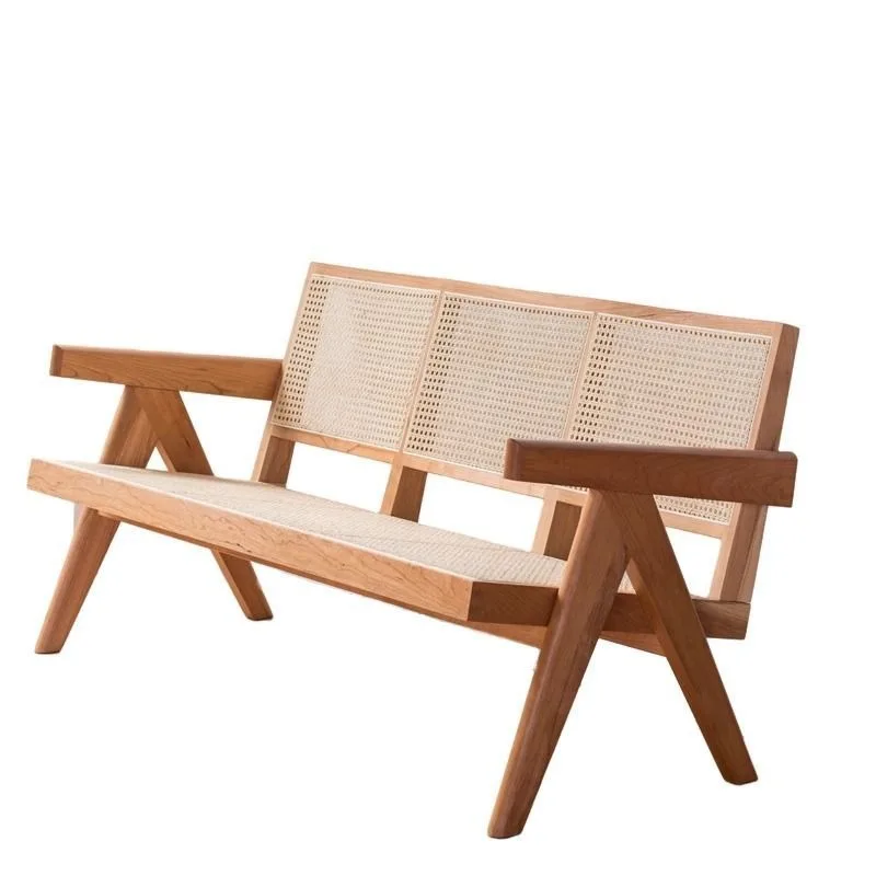 Solid wood three-person sofa, simple Japanese-style living room, cherry wood rattan sofa chair, log home