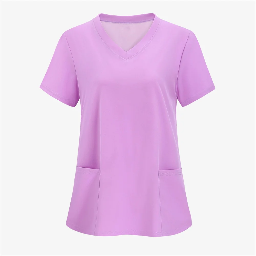 Solid Color Womens T Shirts Medical Nursing Uniform Stretch V-Neck Short Sleeve T-shirt Tops With Pocket Women's Clothing