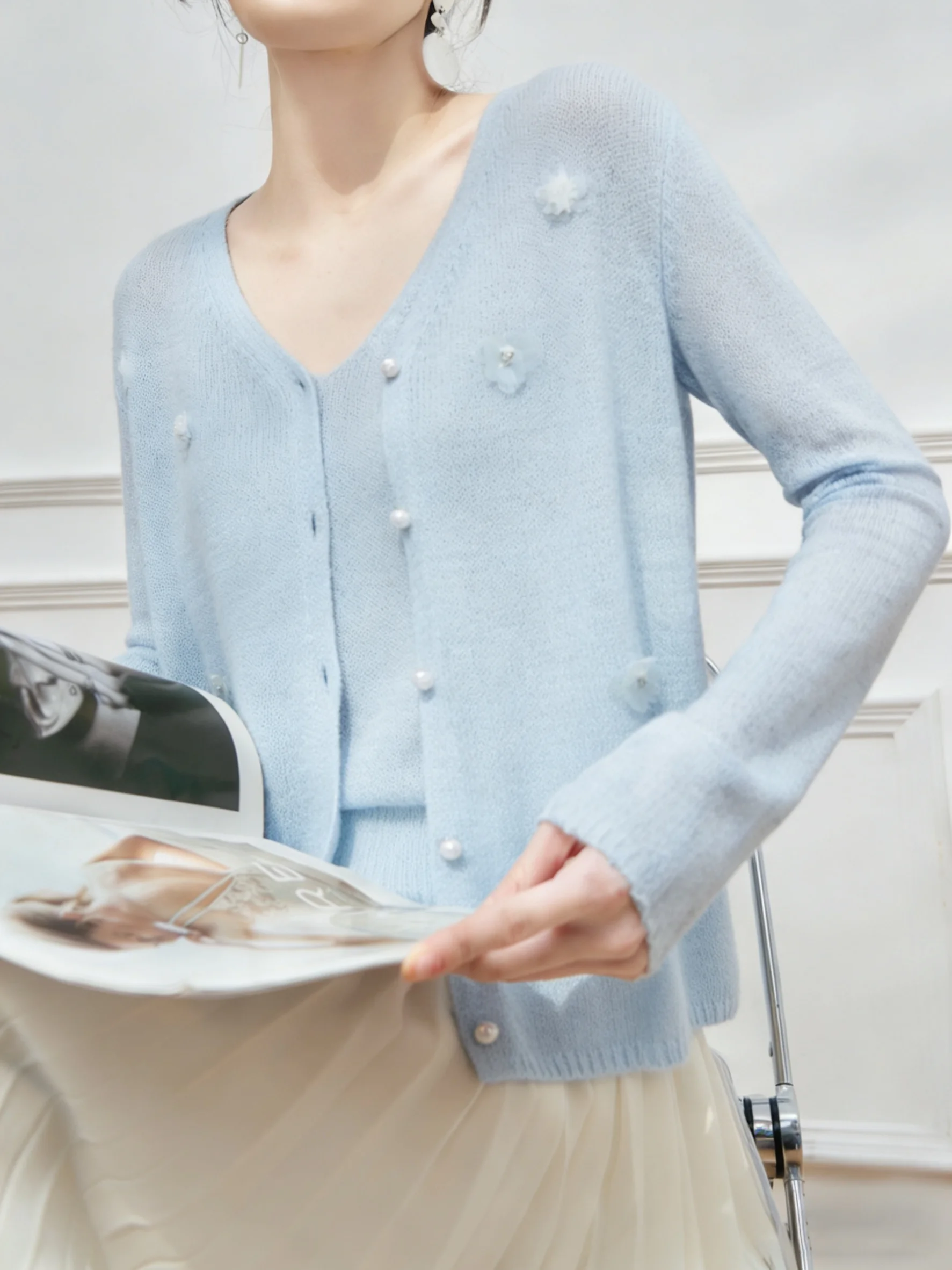 

Blue Knitted 3D Flower Open Cardigan Top Women's Sle Clete Set OOTD Spring Outfit High Waist Pear ape V-Ne Loose Fit