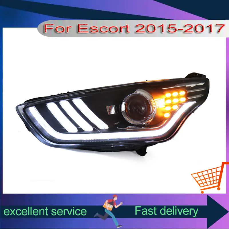 

Автомобильные фары для Ford Escort 2015-2017, фара в сборе, ремонт в стиле Mustang, светодиодные DRL с двойной проекционной линзой, ксеноновая передняя лампа