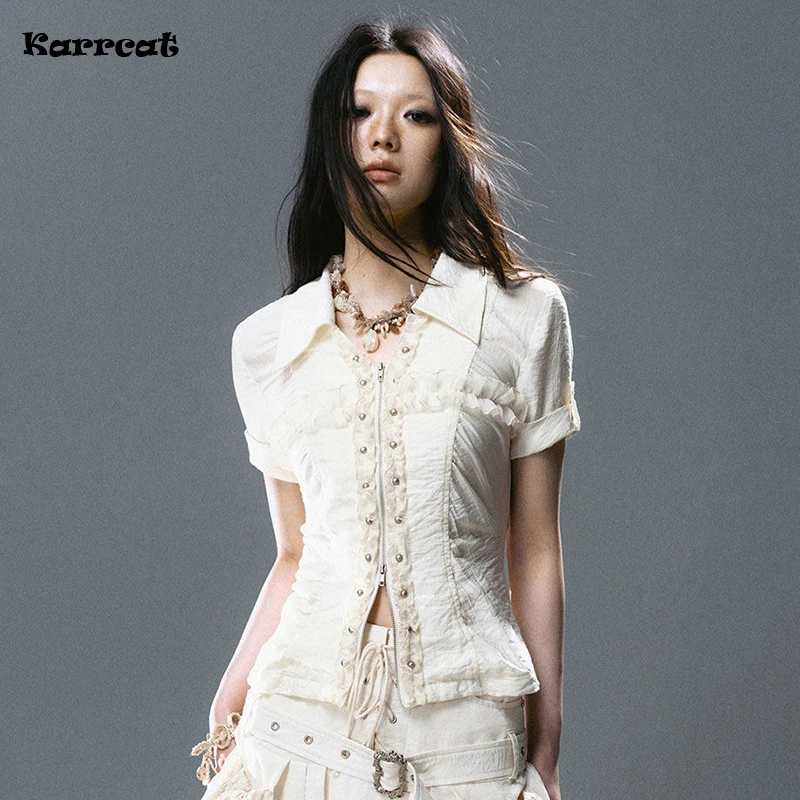 

Рубашка Karrcat в стиле гранж с перекрестной шнуровкой, дерзкая блузка Y2K с коротким рукавом и заклепками, винтажная рубашка на молнии в стиле 2000-х, американское ретро