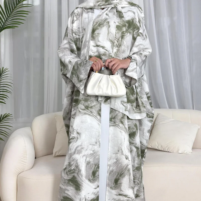

Middle Eastern Women's Summer Outfit Ink Print Long Robe Cardigan Two-Piece Set Simple Vacation Style Batwing Sleeve Thin Coat