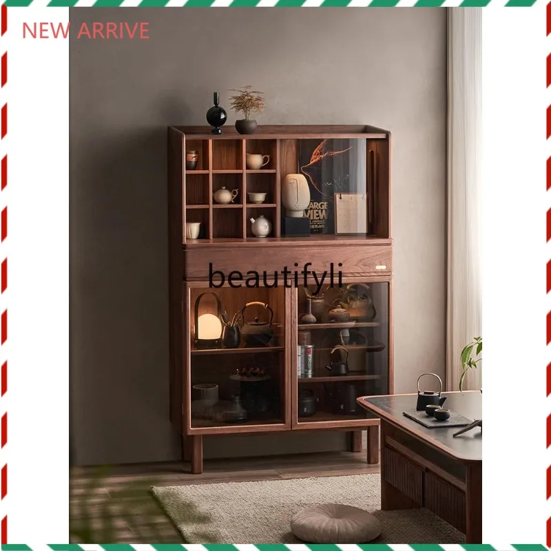 

D2520 Solid wood tea set display cabinet, sofa side cabinet, black walnut tea storage cabinet