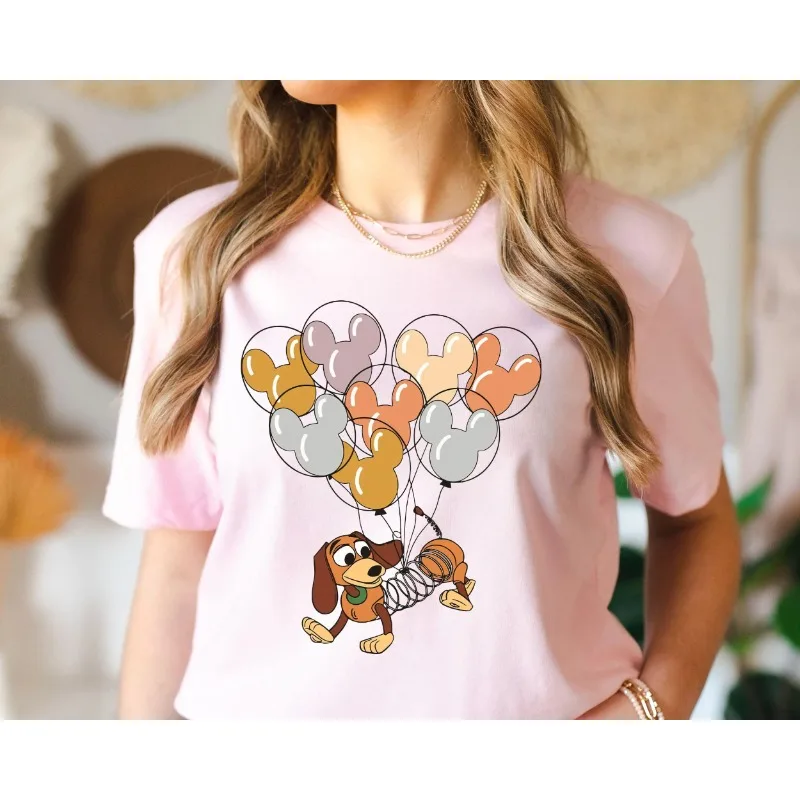 

Розовая футболка с принтом воздушного шара Микки Мауса, коричневый щенок, собака, разноцветный дизайн, хлопковый повседневный топ, женский милый мультяшный узор