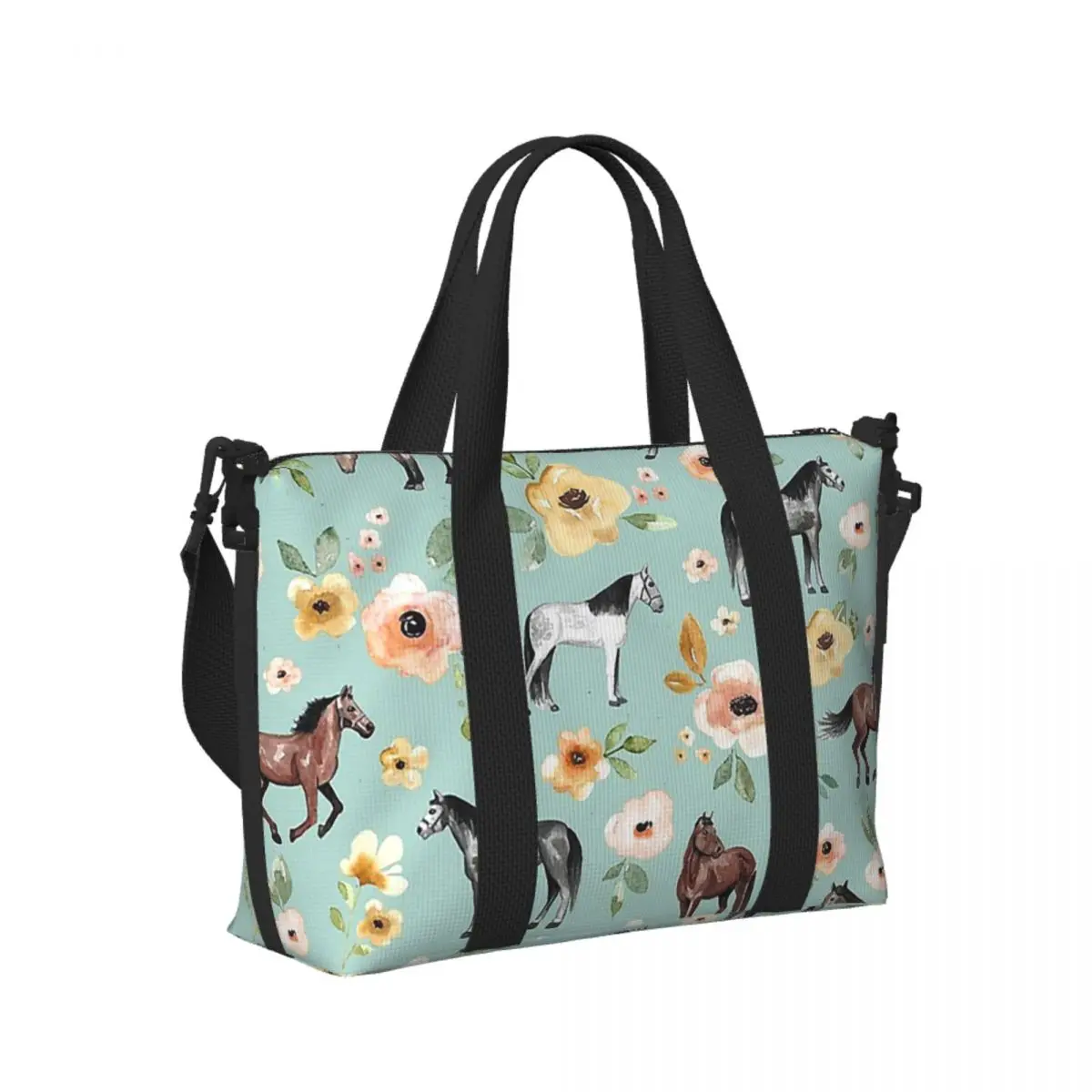 

Custom Horses With Flowers, Sunrise Floral Decor Beach Travel Bag Tote Bags for Gym Sport Women Shopping Duffle Shoulder Bag