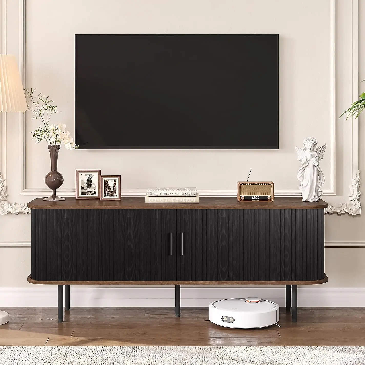 55" Modern Fluted TV Stand for TVs up to 65 Inch, Gaming Entertainment Center with Tambour Slatted Sliding Doors and Sto