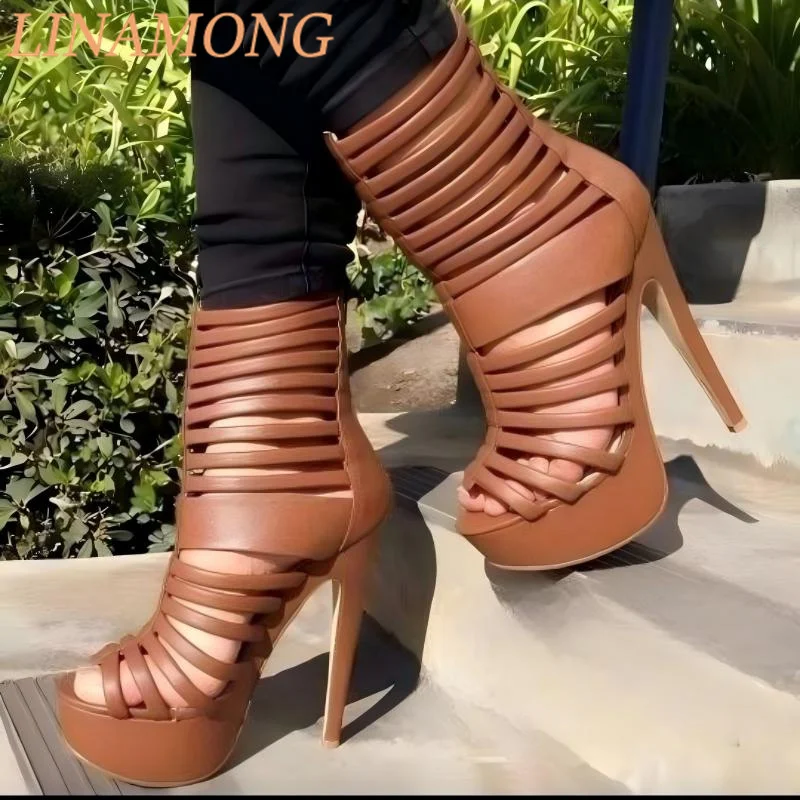 Round Head Rivet Back Zipper Cool Boots Fashionable Thick Bottom Water Platform Versatile Temperament Slim High-Heeled Shoes