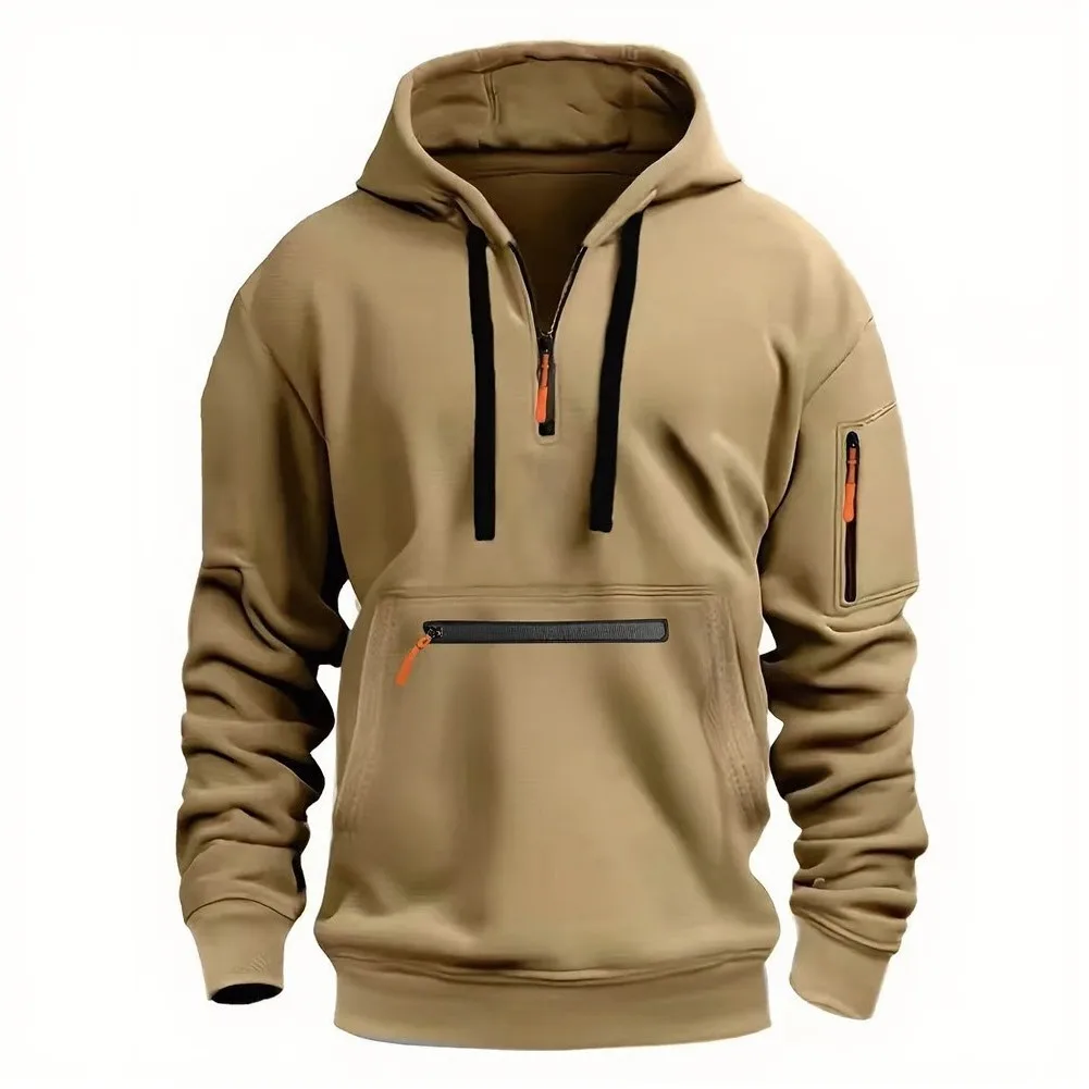 Men's Casual Long Sleeve Pullover Hoodie Featuring Full Zip Closure and Multi-Pocket Design for Everyday Comfort