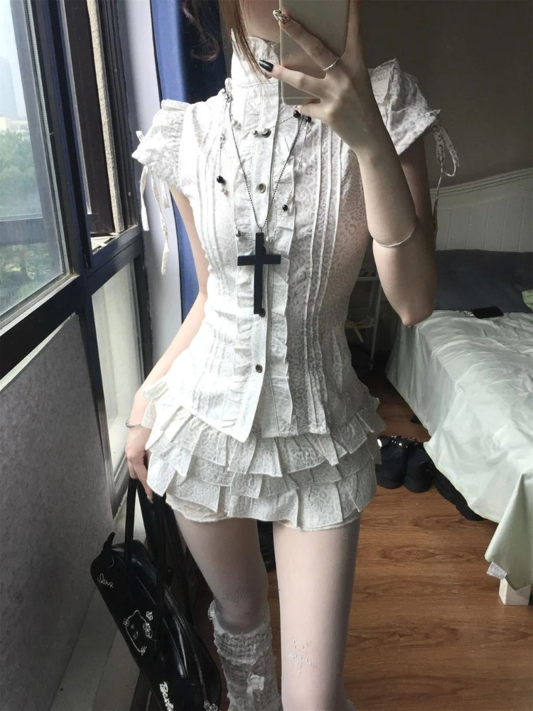 

New Punk Retro Slim Women 2 Piece Set Y2k Chic Short Sleeve Shirt + Puffy Skirt Aesthetic Grunge Sexy Design Sense Outfit Summer
