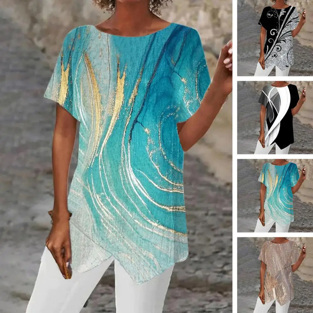 

Women Summer Top O Neck Printing Short Sleeve Contrast Colors Irregular Hem Casual Lady Summer T-shirt Pullover Female Clothing