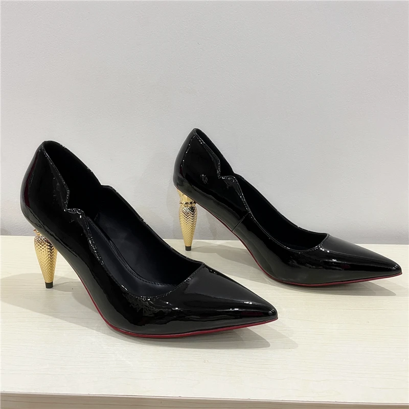 Designer Lipstick Heel Women Pumps Pointed Toe Strange High Heels Patent Leather Wedding Valentine Shoes Black Bride Stiletto