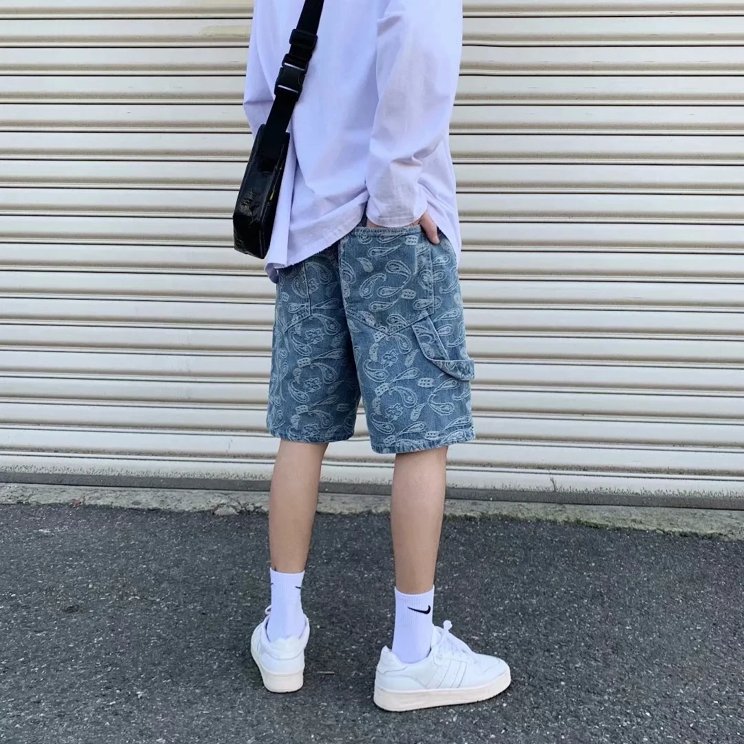 Casual Loose Men's Denim Shorts Youth Trendy Summer Thin Five-Point Print Casual Straight Leg Jeans Mid-Waist Zipper Fly