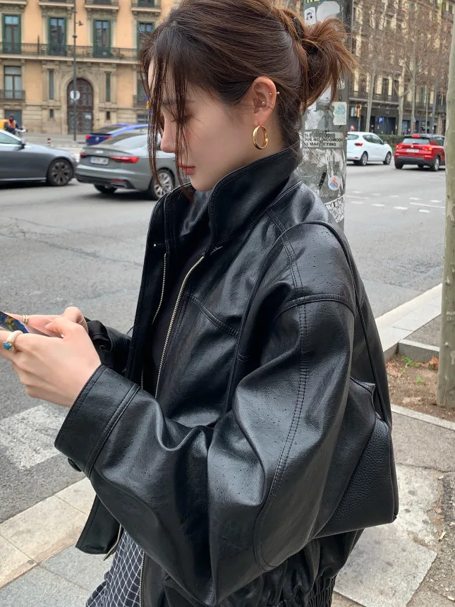 

Stylish Black PU Leather Jacket Women's Spring New Retro Cool Motorcycle Clothes Top Fashionable Streetwear for Ladies