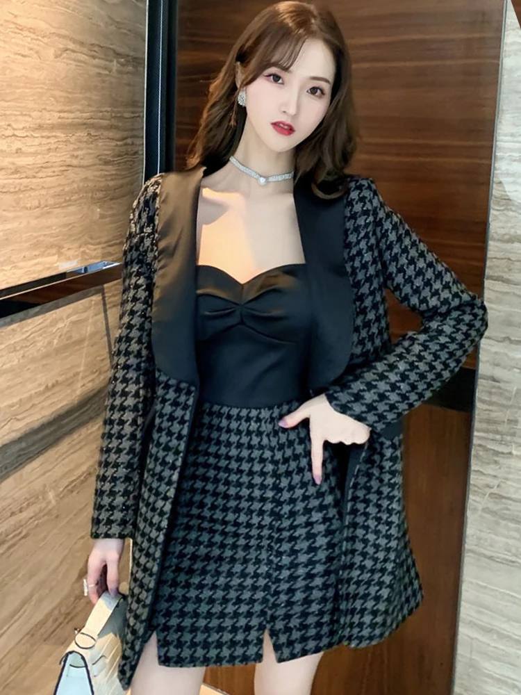 Winter Fashion Sexy Dress Suits Women Black Shine Silk Tweed Blazer Patchwork Satin Houndstooth Slip Mini Slit Gown Office Sets