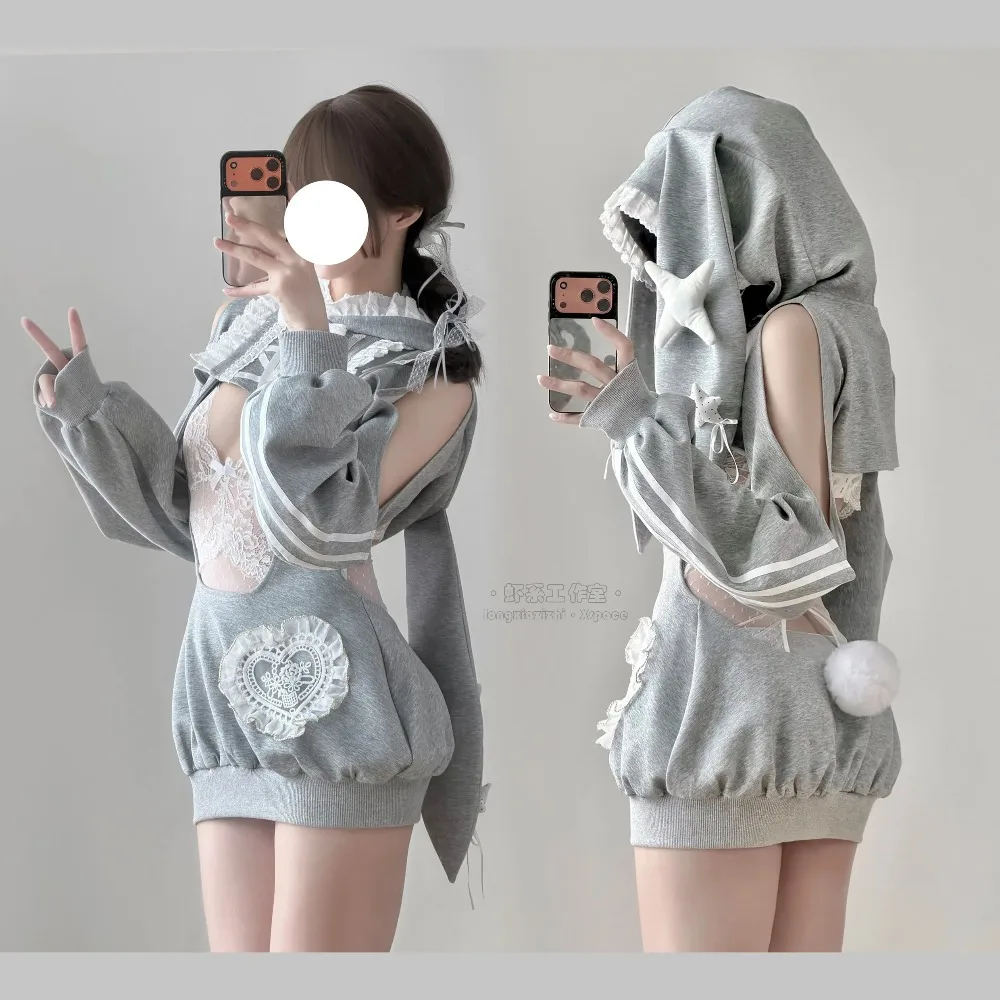 Original Gray Rabbit Sportswear Cosplay Set - Cute Japanese Lace Gymnastics Bodysuit with Detachable Hoodie Anime Jumpsuit view 4