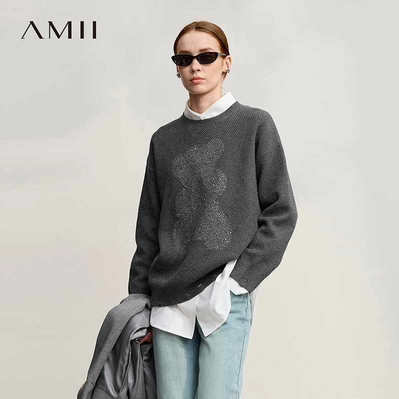 

Amii свитер 2025, новый зимний повседневный жаккардовый женский свитер с круглым вырезом, свободный универсальный вязаный топ с длинными рукавами 12544117