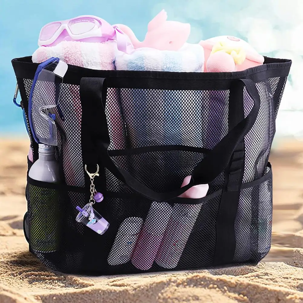 

Beach Mesh Bag Hollow Out Waterproof Sandproof Multi-pocket Reinforced Handle Large Capacity Foldable Grocery Toy Tote Bag