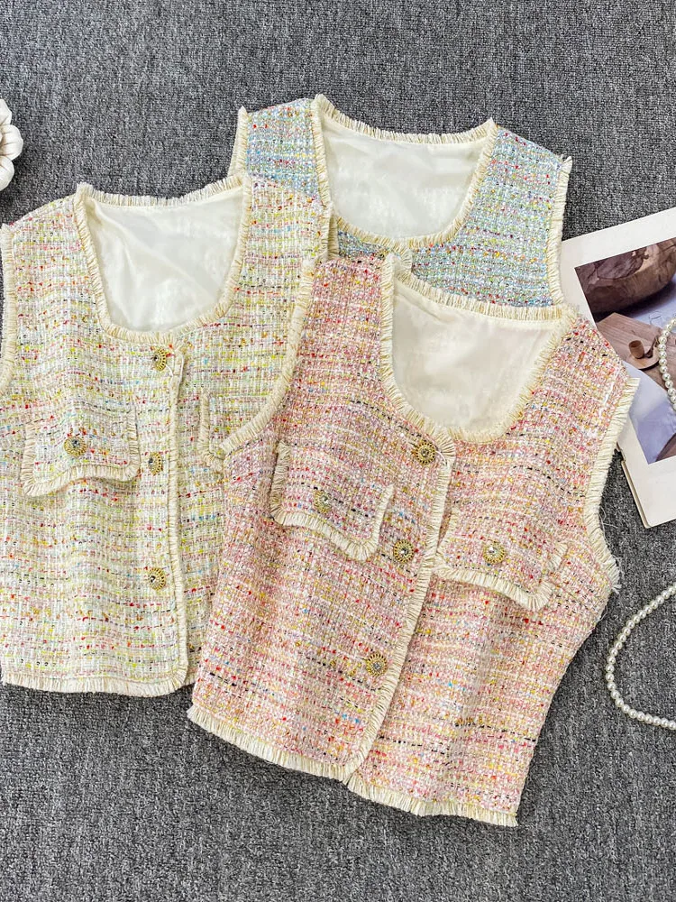 

Retro Ele Tweed round Ne Fringed ort Vest Top Women Casual Summer Outerwear Comfortable Commute Sle Plaid Pattern