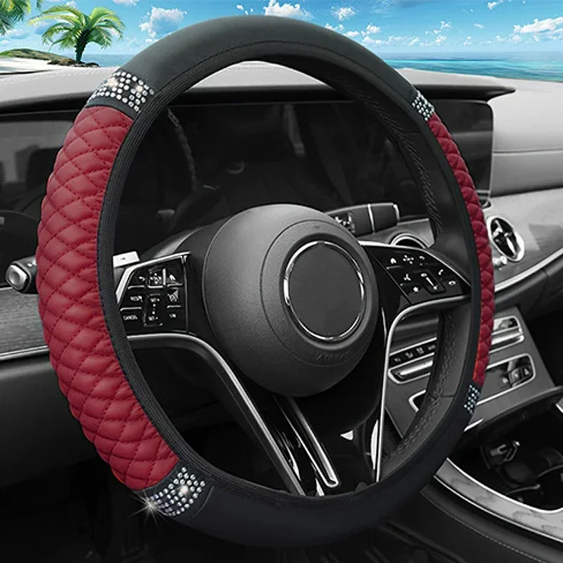PU Car Steering Wheel Cover 37-38cm Without Inner Ring Three-dimensional Leather Embroidered Color Diamond-encrusted Accessories