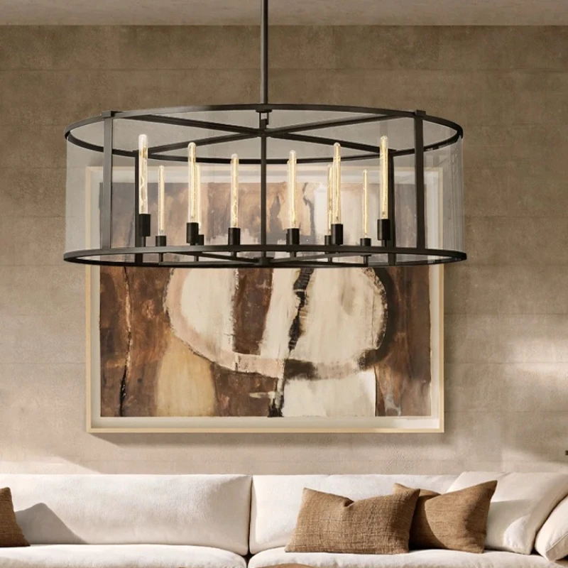 

French Retro Style Deco House E14 Chandelier Round Rectangular Black Brass Hanging Lamps Lustre for Living Room Indoor Lighting