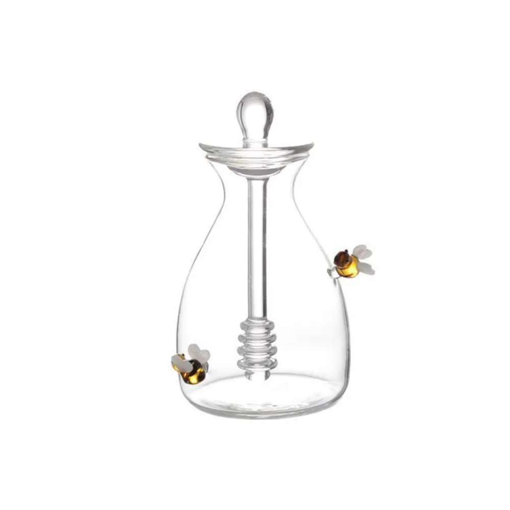 

Simple Large Capacity Glass Honey Jar Three-dimensional Bee Clear Honey Pot With Dipper Rod Syrup Jar Dining Table