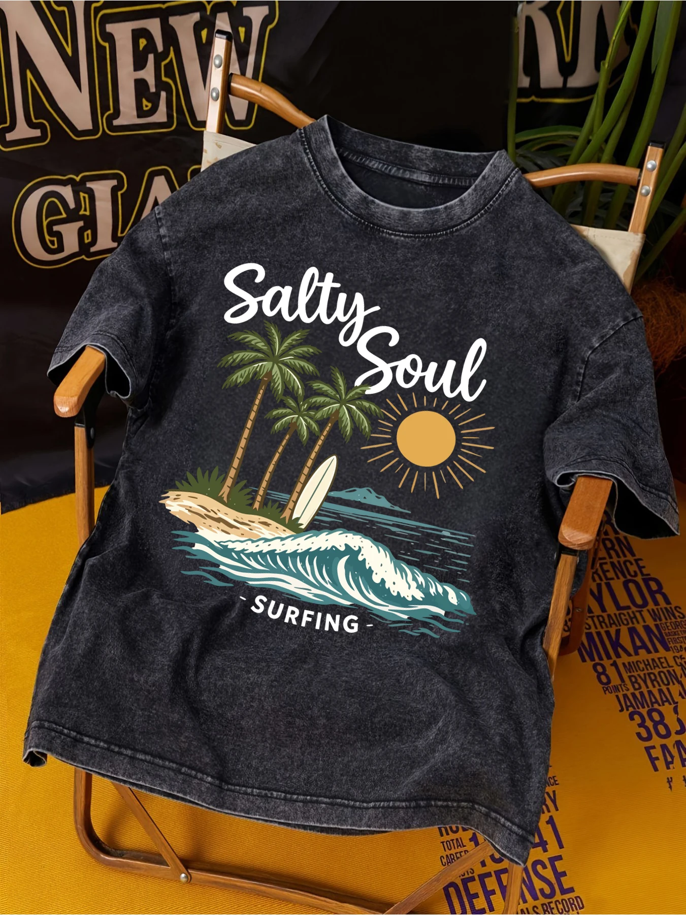 Salty Soul Coconut Tree Surfing Pattern Washed T Shirt Man Street Comfy Top Cotton Breathable T-Shirt Summer Casual Short Sleeve