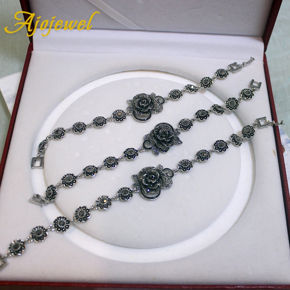 Ajojewel Black Rhinestone Rose Flower Bracelet Vintage Jewelry For Women High Quality Nice Gift 2025 New