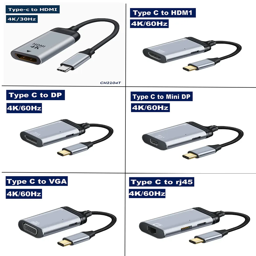 Type C Male To HDMI/RJ45 DP Mini-DP VGA Adapters USB-C 4K Converter Type C Hub PD Fast Charging Data Adapter