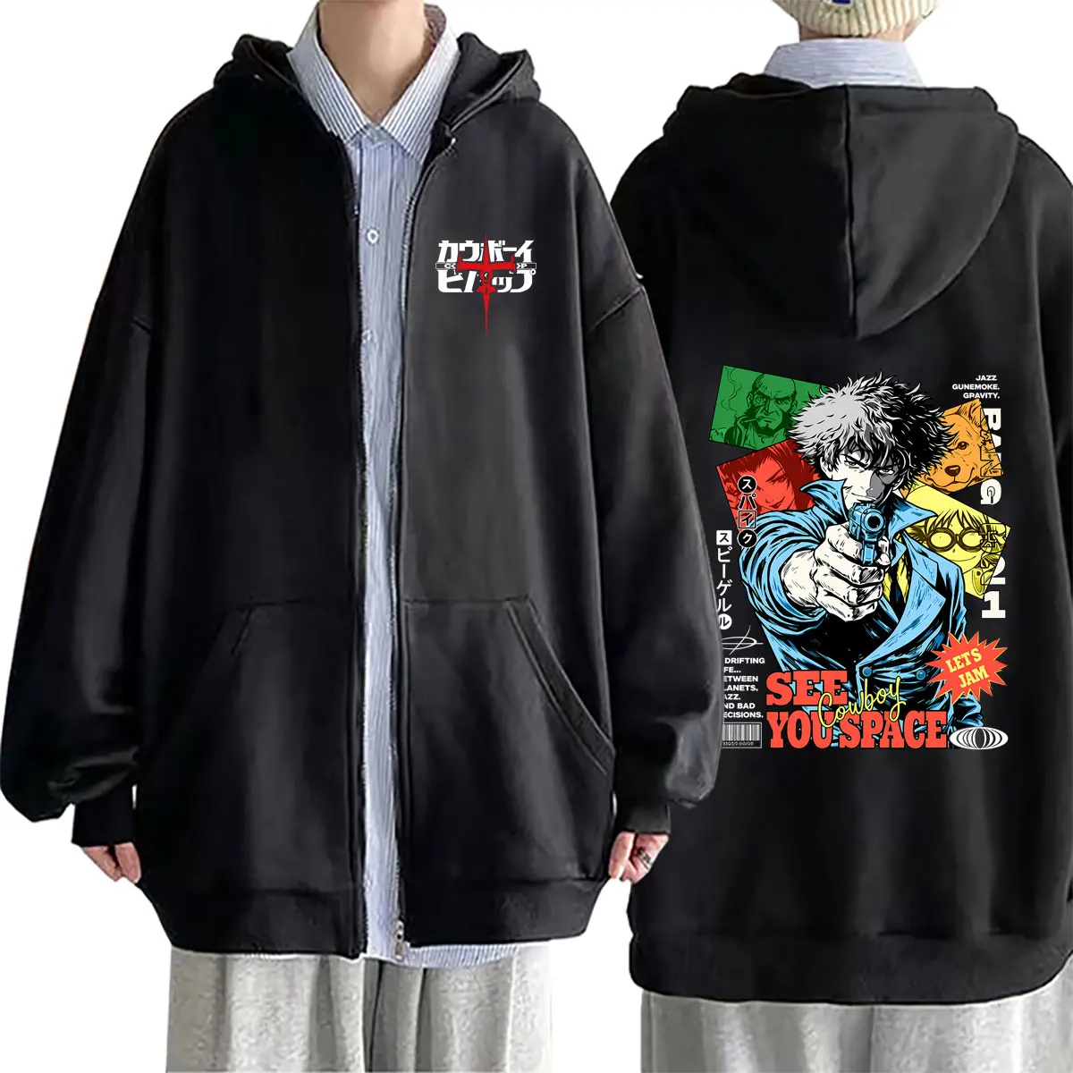 Japanese Anime Cowboy Bebop Zipper Hoodie Spike Spiegel See You Space Cowboy Zip Up Jacket Men Women Manga Oversized Streetwear