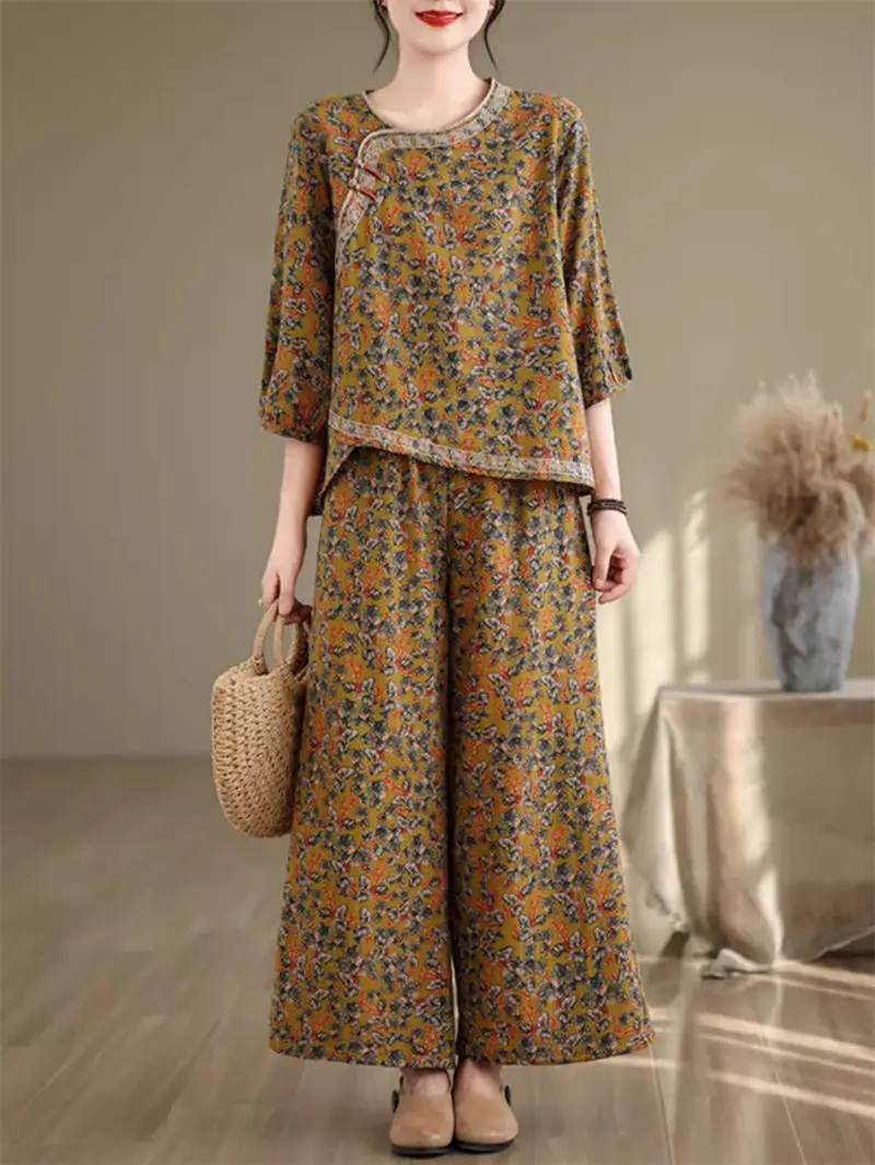 Embroidered Button Up Cotton And Linen Floral Top+Casual Wide Leg Pants Set For Women Summer Temperament Versatile Outfit K1227