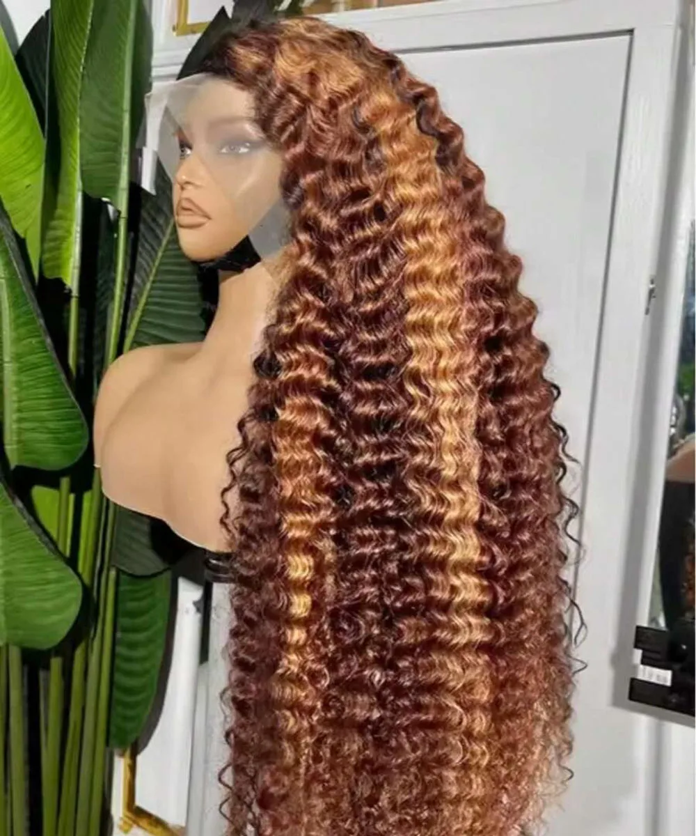 13x4 Highlight Deep Wave Lace Front Wigs Human Hair 200% Density Deep Curly Human Hair Wig Pre Plucked P4/27 Ombre HD Lace Frontal Wigs With Baby Hair For Women