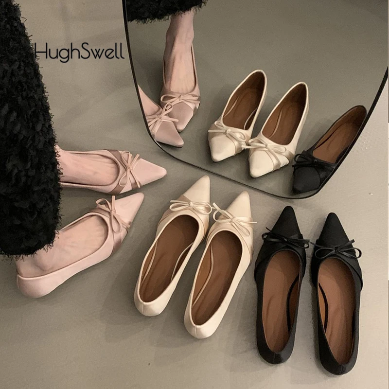 Luxury Satin Silk Bowtie Ballet Flats Woman Pointed Toe Inner Height Ballerina Shoes Ladies Elegant Evening Party Shallow Loafer