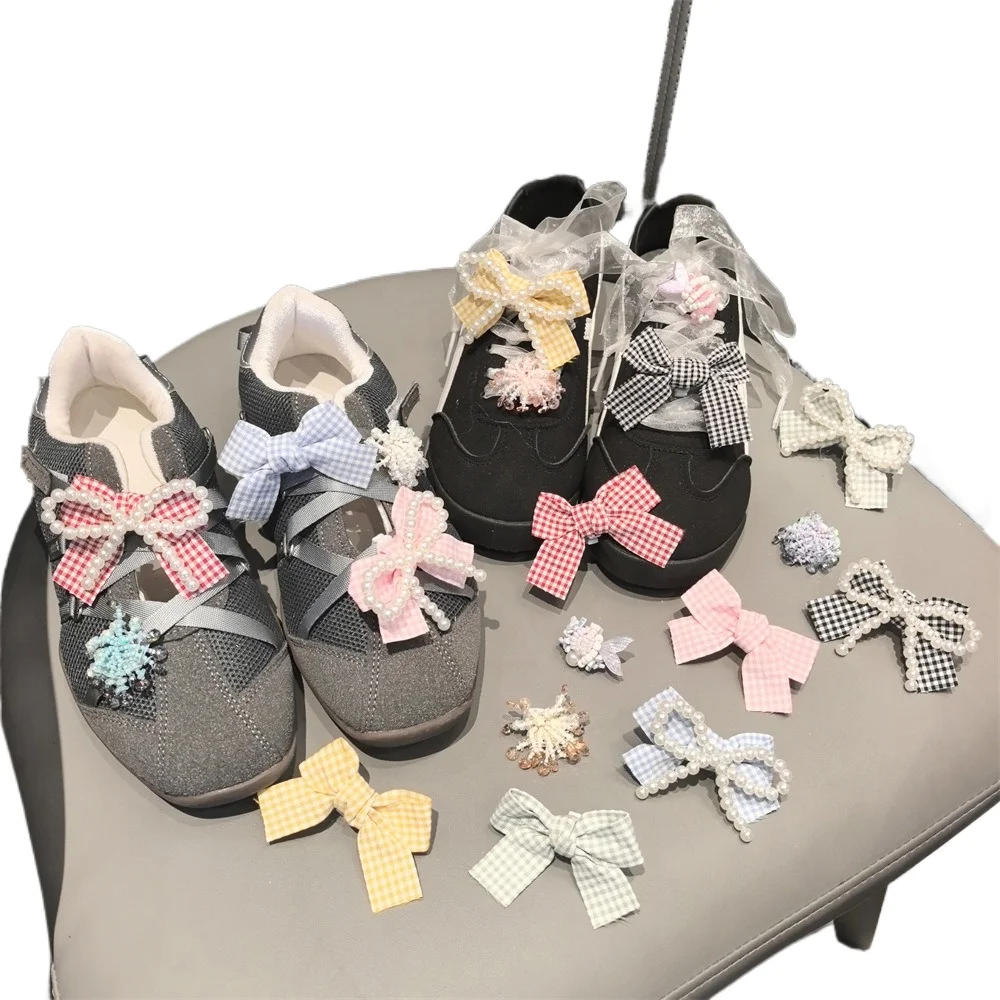 girl shoelace charms for sneakers Pearl Plaid Bow Shoe Charms shoelaces Shoe Accessories Removable Shoe Clips for Shoes