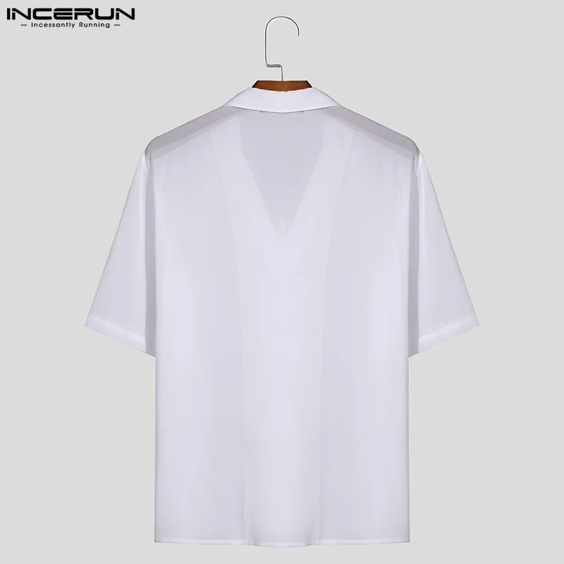 INCERUN Tops 2024 American Style Men\'s Chiffon See-through Thin Shirts Leisure Streetwear Male Short Sleeved Lapel Blouse S-5XL