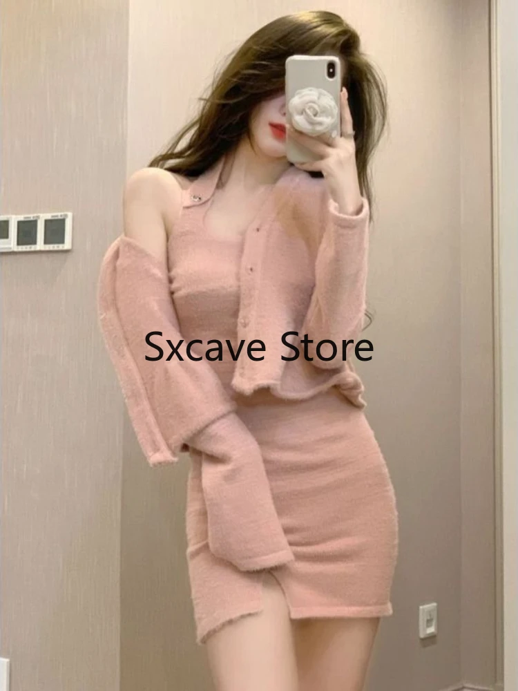 2023 Autumn Knitted Suits Women Casual Long Sleeve Y2k Crop Tops + Mini Sweater Dress Office Lady Korean 2 Piece Dress Sets