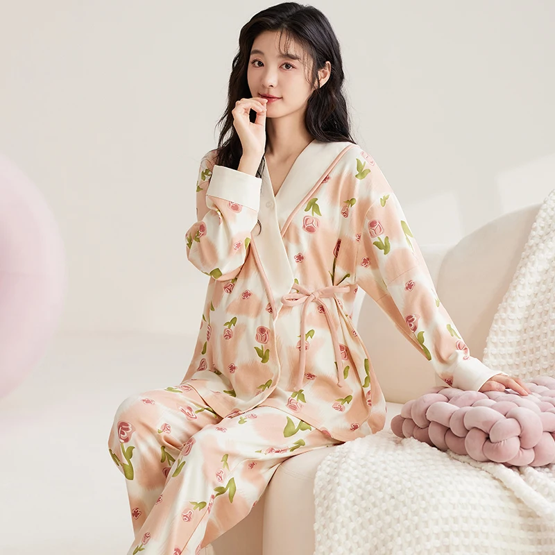 Flower Printed Modal Nursing Sleepwear for Maternity Autumn Breastfeeding Cardigan Pajamas Suits Pregnancy Hospital Homewear