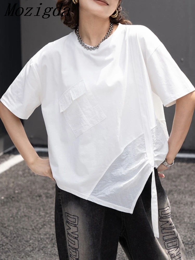 

Summer Loose Women White Irregular Hem Big Size Casual T-shirt New Round Neck Short Sleeve Fashion Tide Ladies Tops