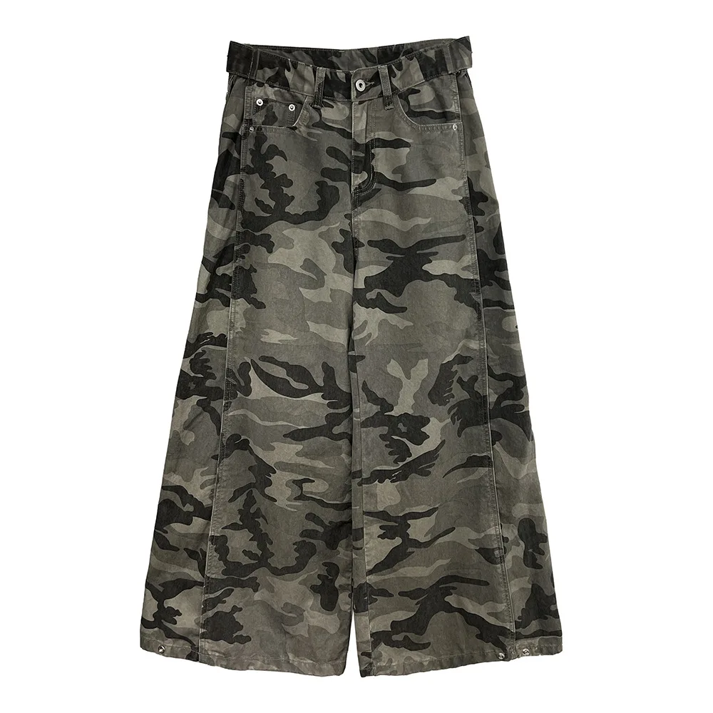 

Y2k Wide Leg Pants Women Camouflage Print Jeans Trousers Low Waist Washed Distressed Pockets Denim Floor Length 2025 Streetwear