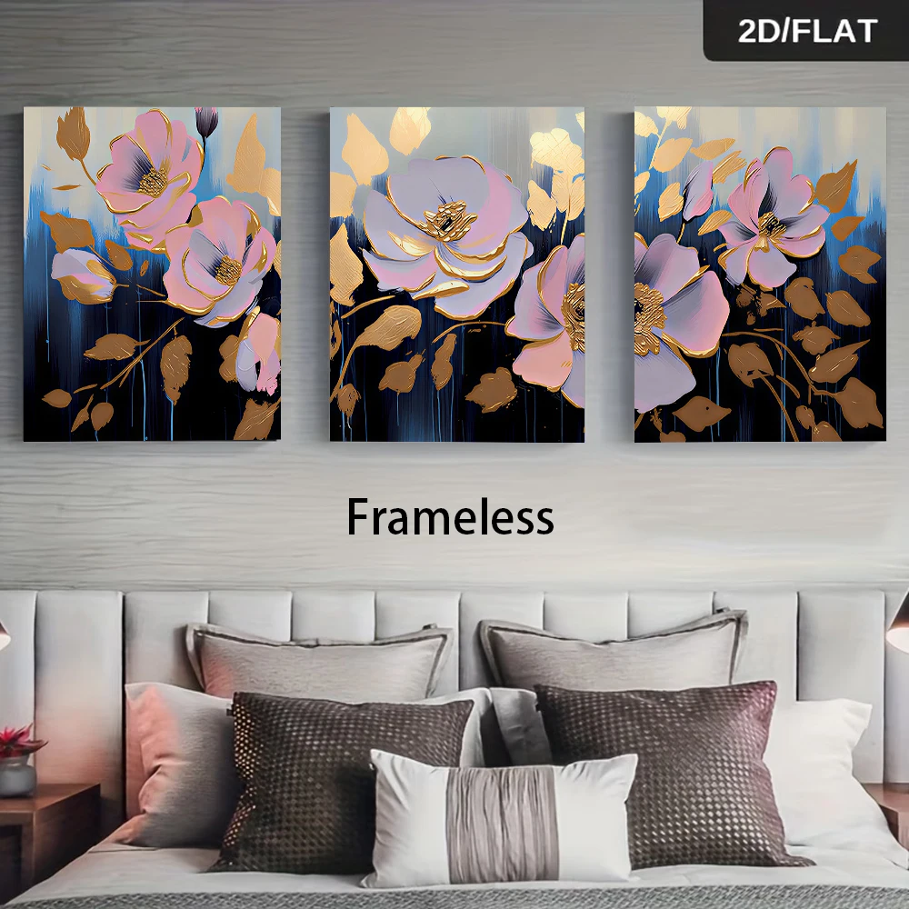 1 set of modern abstract floral triptych frameless decorative painting, featuring simple golden flowers, 2D flat