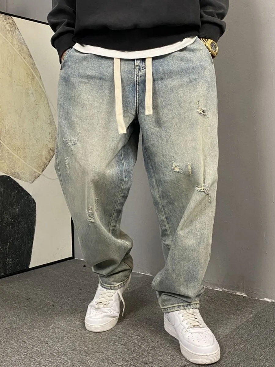 

Мужские джинсы большого размера прямого кроя, с эффектом потертости, из денима, свободного кроя, повседневные брюки со средней/высокой талией, на шнурке