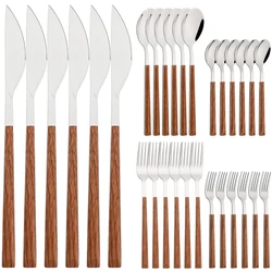 Brown Silver Dinnerware Set Imitation Wooden Handle Cutlery Set Mirror Stainless Steel Steak Knife Dessert Fork Spoon Tableware